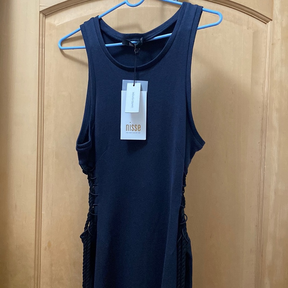 NWT NISSE Elbise Dragon maxi slit tank Dress side lace cutout ropes Navy Blue - Picture 12 of 17